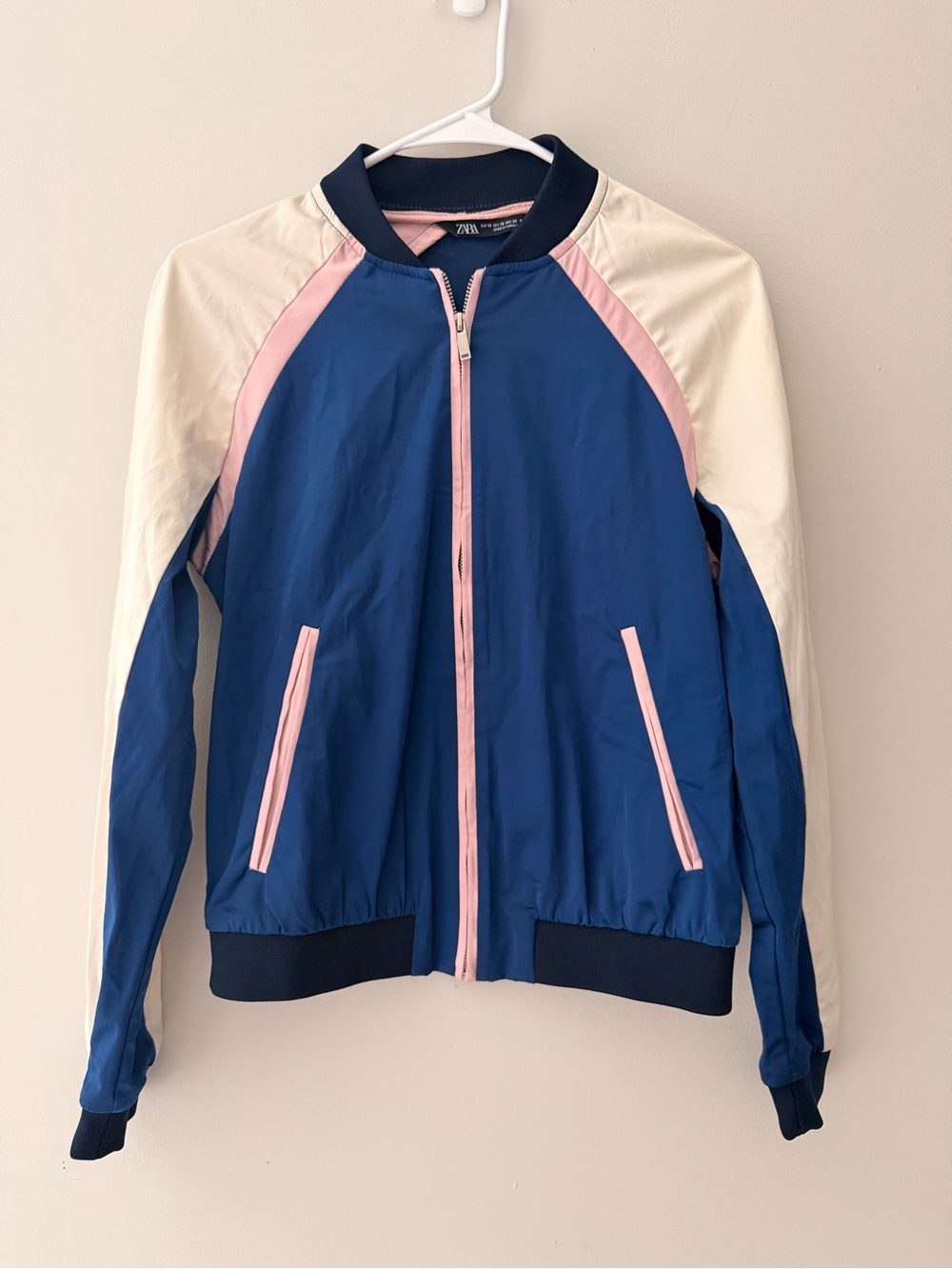 Zara Navy, Cream & Pink Colorblock Bomber Jacket